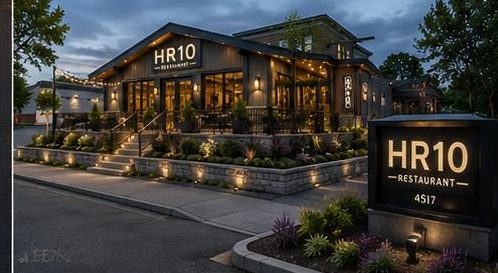HR10 from the street at dusk, with the illuminated monument sign in the foreground.